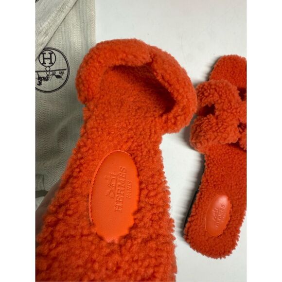 NEW HERMES ORAN SHEARLING WOOL ORANGE SANDALS WOMENS 41,5 EU/ 11 US See Notes - Picture 6 of 16